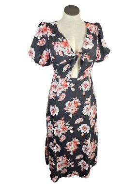 E.SSUE Womens Black Floral Tie-Front Midi Dress Puff Sleeves M Polyester